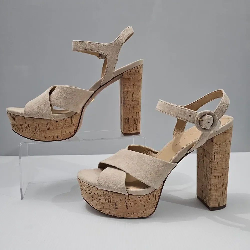 Veronica Beard Lucille Platform Sandal Womens 10 Ecru Suede Cork Block Heel